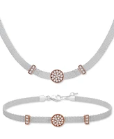 Cubic Zirconia Mini-Cluster Mesh Link Bracelet in Sterling Silver & Rose Gold-Plate