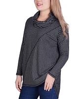 Women's Long Sleeve Mini Striped Seamed Cowl Neck