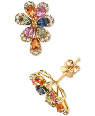 Effy Multi-Sapphire (2-1/2 ct. t.w.) & Diamond (1/5 ct. t.w.) Flower Stud Earrings in 14k Gold