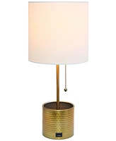 Simple Designs Hammered Metal Organizer Table Lamp with Usb Charging Port and Fabric Shade