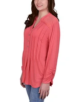 Petite Y-Neck with Rounded Hem Long Sleeve Pleat Front Top