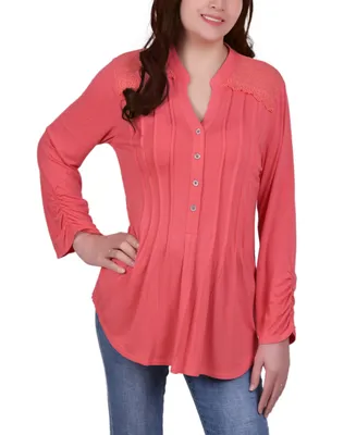 Petite Y-Neck with Rounded Hem Long Sleeve Pleat Front Top