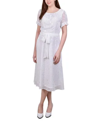 Women's Short Sleeve Belted Swiss Dot Dress