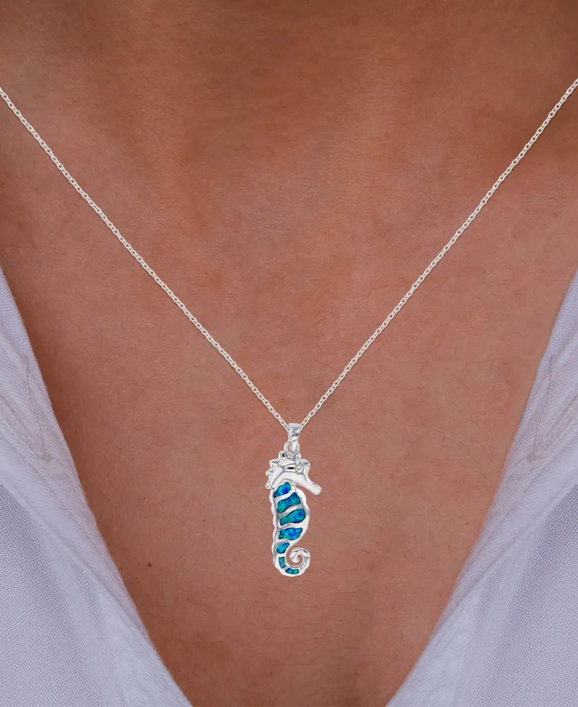 Lab-Created Blue Opal Sea Horse 18" Pendant Necklace in Sterling Silver
