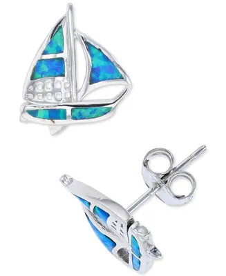 Lab-Grown Blue Opal Sailboat Stud Earrings in Sterling Silver