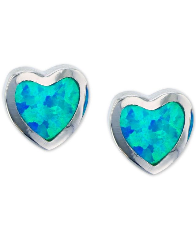 Lab-Grown Blue Opal Heart Stud Earrings in Sterling Silver