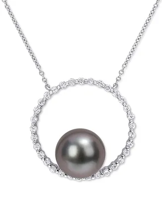 Black Cultured Tahitian Pearl (9-1/2mm) Circle 17" Pendant Necklace in 10k White Gold