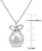 Cultured Freshwater Pearl (12mm) & Lab-Created White Sapphire Accent Bow 18" Pendant Necklace in Sterling Silver