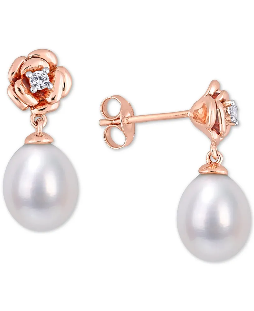 Cultured Freshwater Pearl (8-1/2mm) & Lab-Created White Sapphire (1/8 ct. t.w.) Rose Drop Earrings in 18k Rose Gold-Plated Sterling Silver