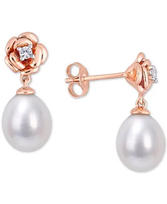 Cultured Freshwater Pearl (8-1/2mm) & Lab-Created White Sapphire (1/8 ct. t.w.) Rose Drop Earrings in 18k Rose Gold-Plated Sterling Silver