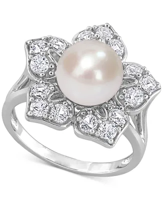 Cultured Freshwater Pearl (8-1/2mm) & Lab-Created White Sapphire (1-1/3 ct. t.w.) Flower Ring Sterling Silver