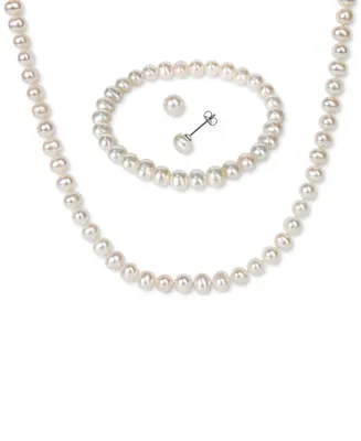 3-Pc. Set Cultured Freshwater Pearl (6-7mm) Bracelet, Necklace & Stud Earrings - Silver