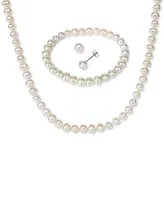 3-Pc. Set Cultured Freshwater Pearl (6-7mm) Bracelet, Necklace & Stud Earrings - Silver
