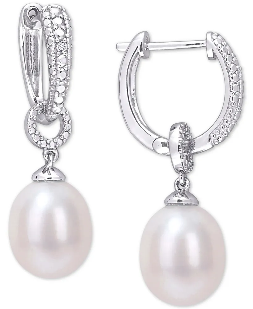 Cultured Freshwater Pearl (8mm) & Diamond Accent Dangle Hoop Drop Earrings in Sterling Silver