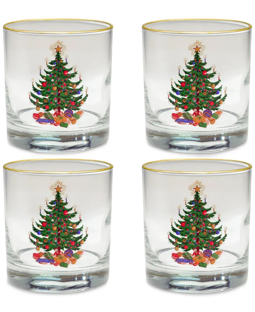 Culver Christmas Tree Old-Fashioned Glass with 22k Gold Rim, Set of 4