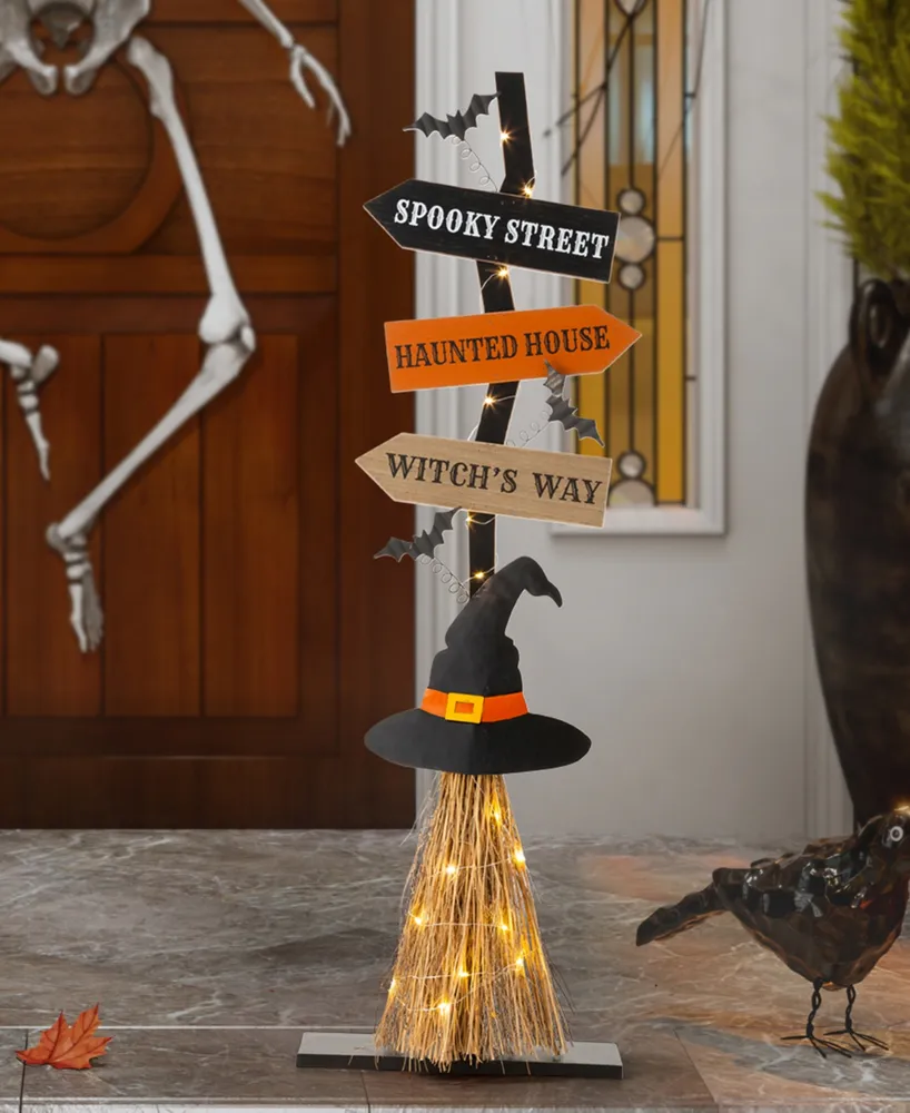 Glitzhome 42" H Lighted Wooden Witch's Broom Porch Decor