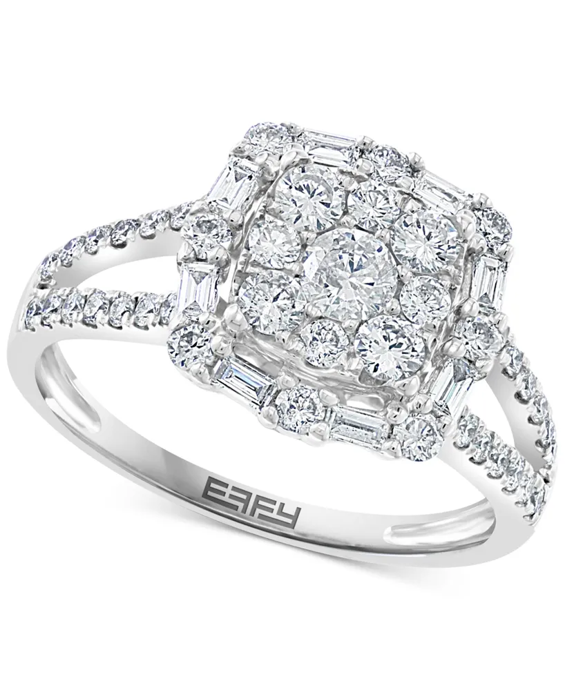 Effy Diamond Round & Baguette Halo Cluster Engagement Ring (1-1/20 ct. t.w.) in 14k White Gold