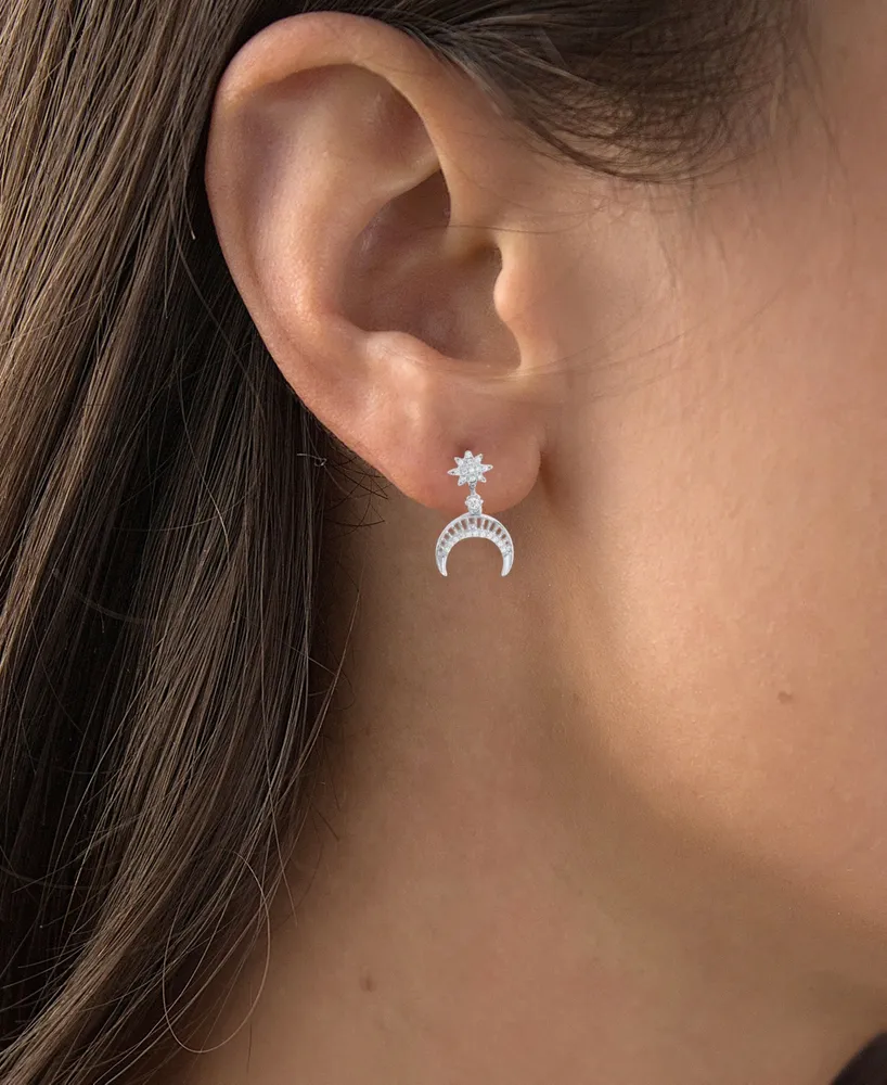 Cubic Zirconia Star & Crescent Moon Drop Earrings in Sterling Silver