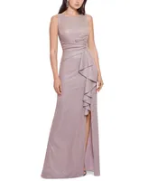 Betsy & Adam Ruffled-Front Glitter Gown