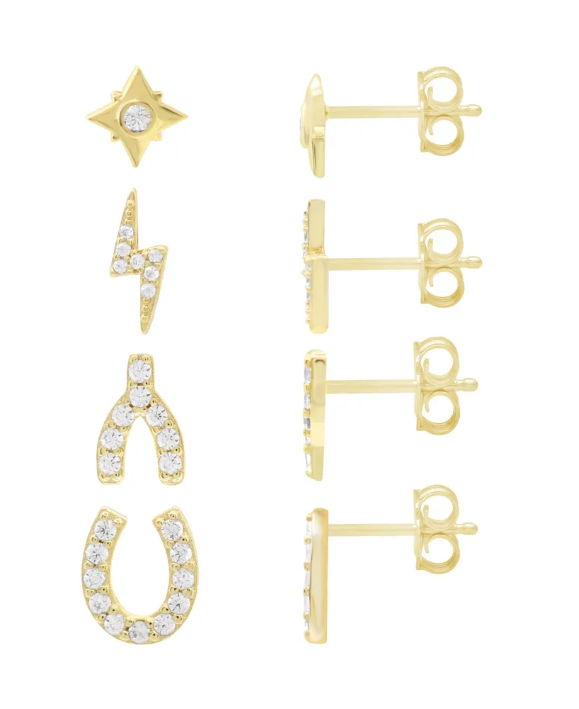 And Now This High Polished and Cubic Zirconia Multi Motif Mix Match 4 Stud Earring Set, Gold Plate