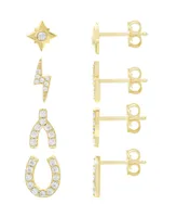 And Now This High Polished and Cubic Zirconia Multi Motif Mix Match 4 Stud Earring Set, Gold Plate - Gold