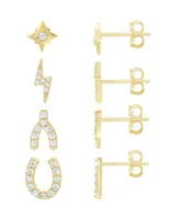 And Now This High Polished and Cubic Zirconia Multi Motif Mix Match 4 Stud Earring Set, Gold Plate