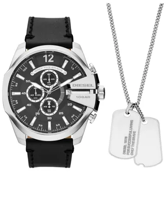Diesel Men's Mega Chief Chronograph Black Leather Watch And Necklace Set 51mm