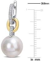 Cultured Freshwater Pearl (11mm) & Diamond (1/10 ct. t.w.) Huggie Hoop Earrings in 14k Gold & White Gold - Two