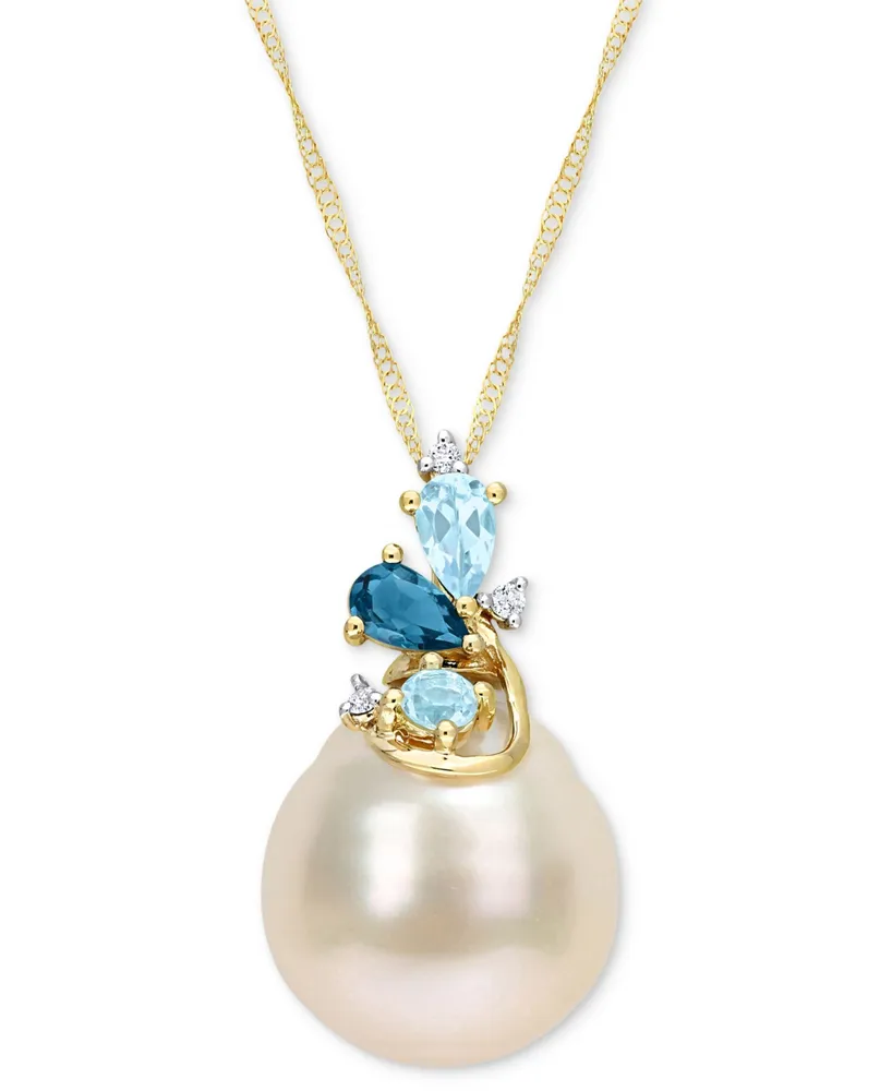 Cultured South Sea Pearl (9-10mm), Blue Topaz (5/8 ct. t.w.), & Diamond Accent 17" Pendant Necklace in 14k Gold