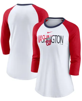 Women's White, Heathered Red Washington Nationals Color Split Tri-Blend 3/4 Sleeve Raglan T-shirt