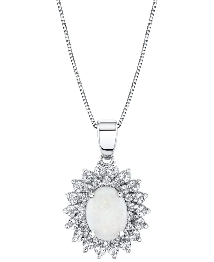 Opal (1-1/20 ct. t.w.) & White Topaz (1-1/4 ct. t.w.) Oval Halo 18" Pendant Necklace in Sterling Silver