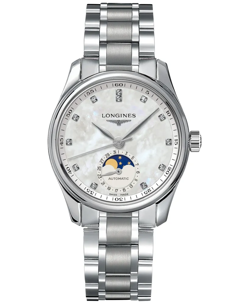 Longines Women's Swiss Automatic Master Moonphase Diamond (1/20 ct. t.w.) Stainless Steel Bracelet Watch 34mm