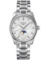 Longines Women's Swiss Automatic Master Moonphase Diamond (1/20 ct. t.w.) Stainless Steel Bracelet Watch 34mm