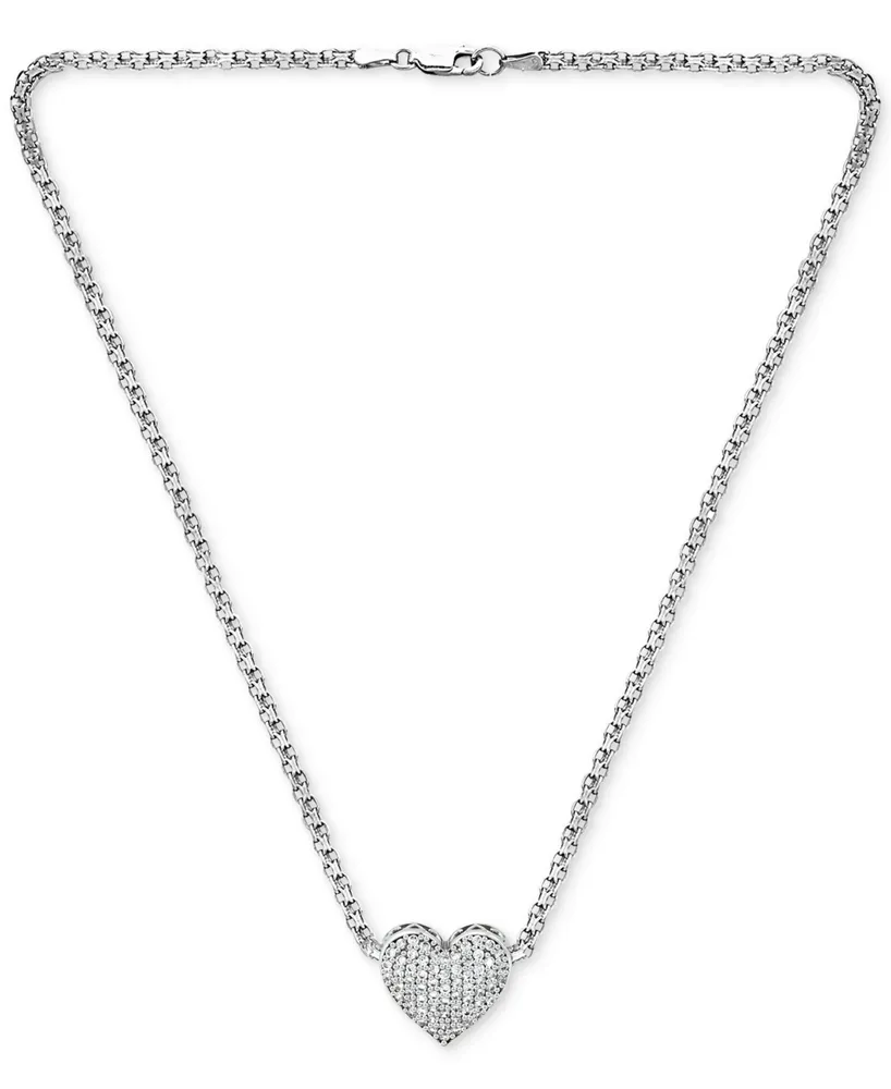 Cubic Zirconia Pave Heart 18" Pendant Necklace Sterling Silver