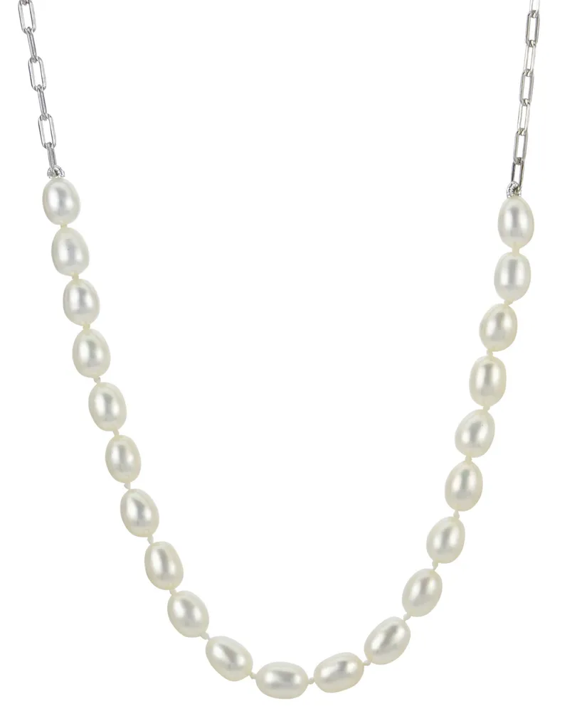 Cultured Freshwater Rice Pearl (5-5-1/2mm) Paperclip Link 18" Statement Necklace in Sterling Silver