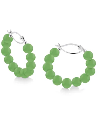 Dyed Green Jade Bead Small Hoop Earrings in Sterling Silver