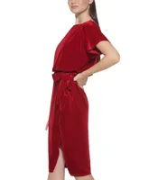 kensie Stretch-Velvet Boatneck Tie-Waist Sheath Dress