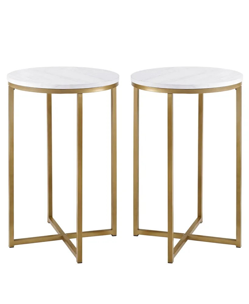 Modern Glam 2-Piece Metal-x Leg Side Table Set - Faux White Marble, Gold