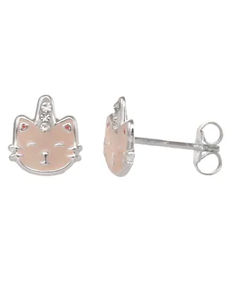 Fao Schwarz Women's Sterling Silver Enamel Kitty Stud Earrings with Crystal Stone