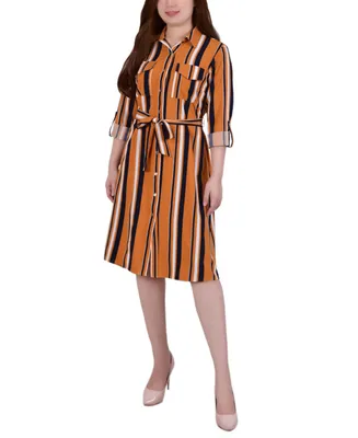 Ny Collection Petite Striped Roll Tab Shirt Dress
