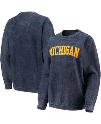 Women's Navy Michigan Wolverines Comfy Cord Vintage-Like Wash Basic Arch Pullover Sweatshirt