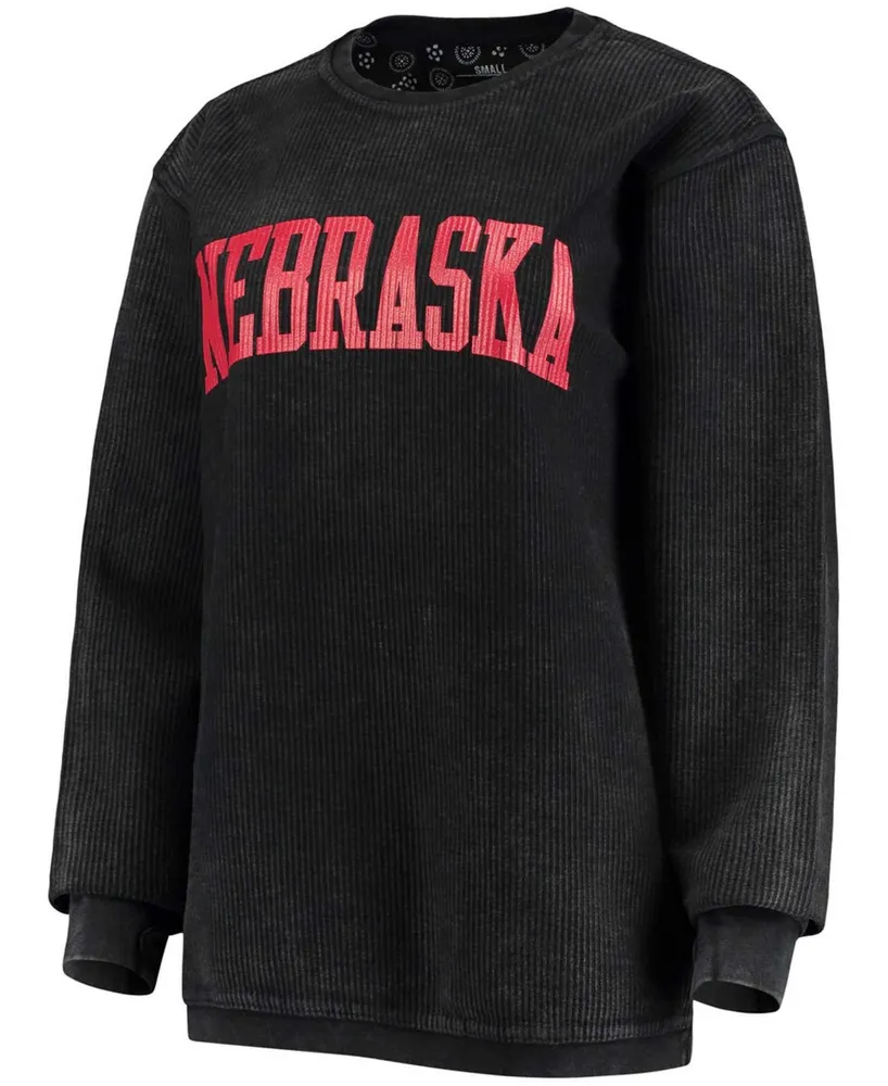 Women's Black Nebraska Huskers Comfy Cord Vintage-Like Wash Basic Arch Pullover Sweatshirt