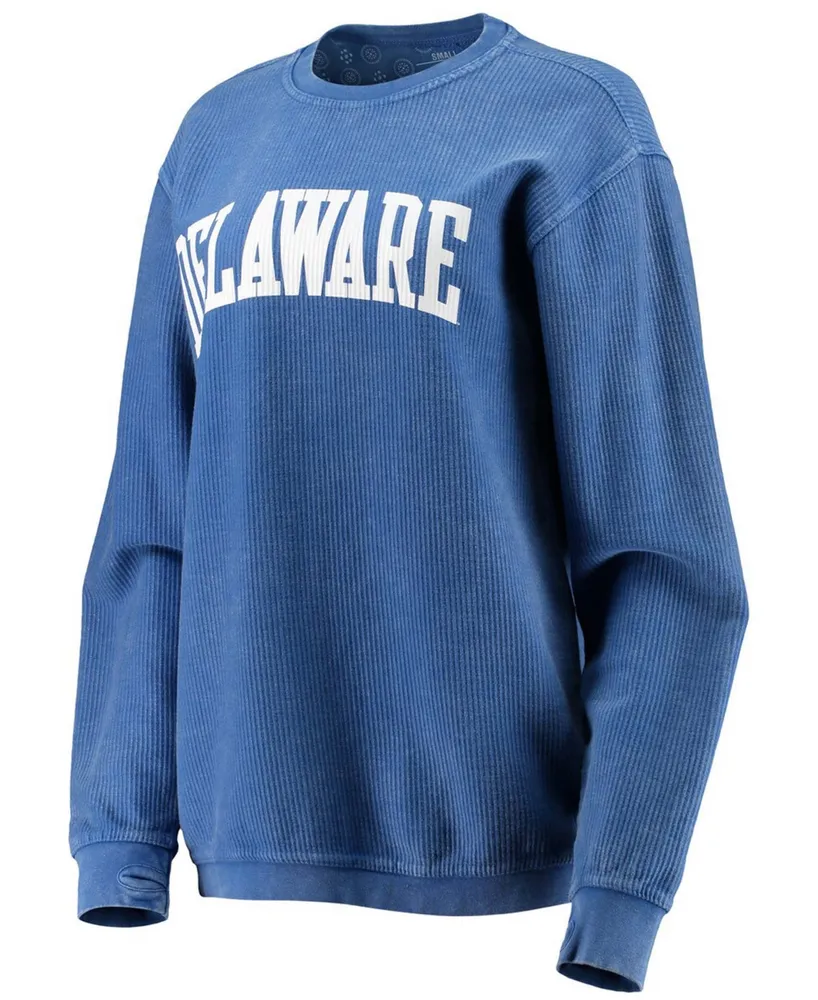 Women's Royal Delaware Fightin' Blue Hens Comfy Cord Vintage-Like Wash Basic Arch Pullover Sweatshirt