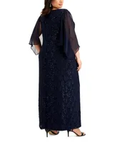 Connected Plus Sheer-Sleeve Lace Gown