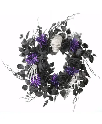 National Tree Company 24" Halloween Skull and Flowers Wreath