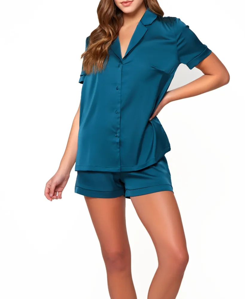 Icollection Women's Lucile Satin and Lace Short Sleeve Pajamas Set