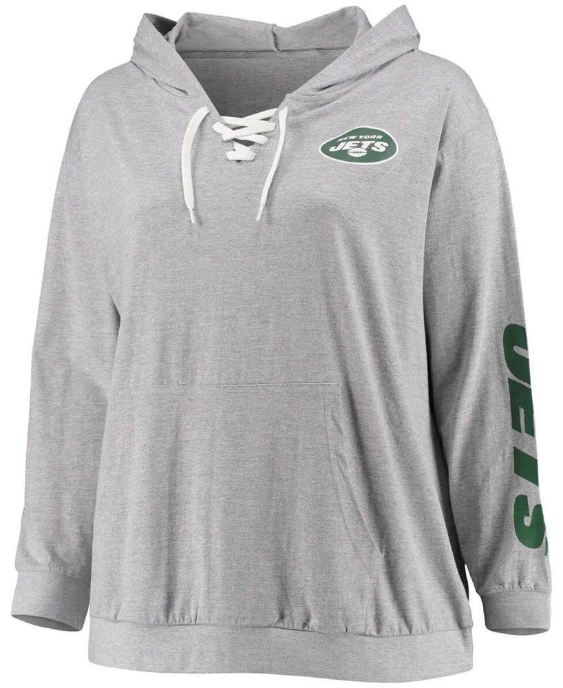 Women's Plus Heathered Gray New York Jets Lace-Up Pullover Hoodie