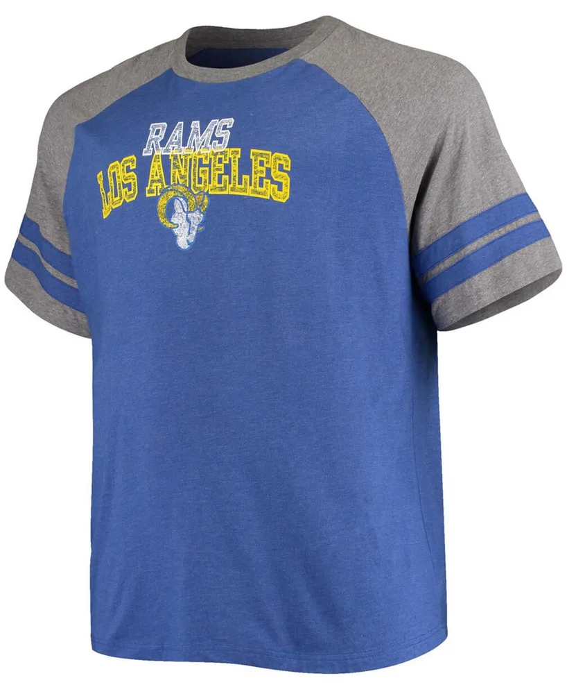 Men's Big and Tall Royal, Heathered Gray Los Angeles Rams Two-Stripe Tri-Blend Raglan T-shirt