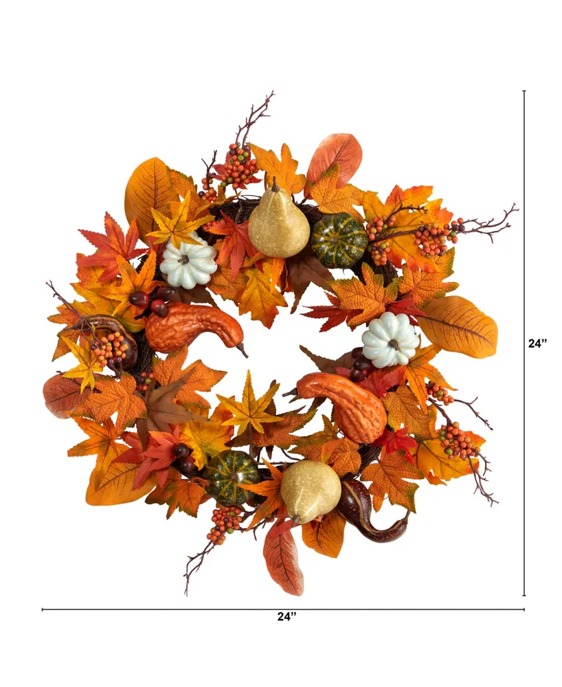 24" Autumn Pumpkin, Gourd and Berries in Assorted Colors Artificial Fall Wreath