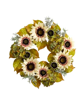 24" White Sunflower and Hydrangea Artificial Autumn Wreath